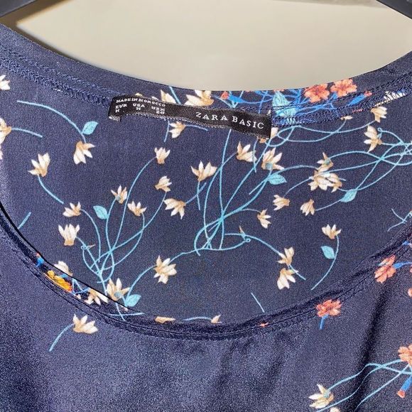 Zara Navy Floral Puff Sleeve Elastic Waist Blouse Top Size Medium - Picture 6 of 10
